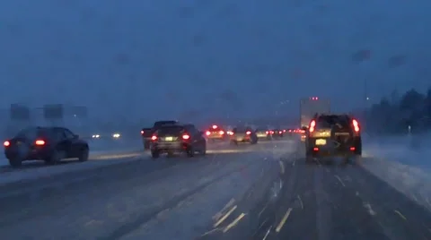 3 Lane Highway During Heavy Snow Fall Stock Footage 45604357