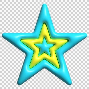 3-layer 5-point star is looking glossy 3D, cyan outer+center, lime middle, Stock Illustration