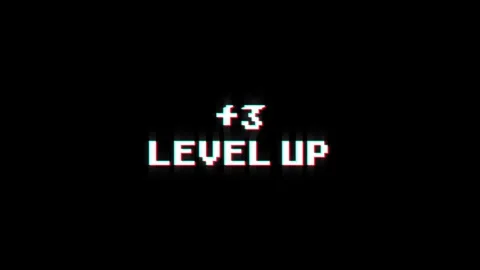 +3 level up animation of looped text glitch video game screen effect Stock Footage 313060730