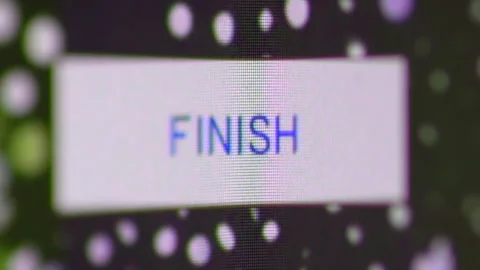 3 macro clips, mouse clicking a blue button labelled Finish. Stock-Footage 280782515