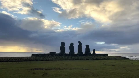 3 May, 2026 Easter Island, Chile. Ahu Tahai, Historic Moai statues  Stock Footage 340580385