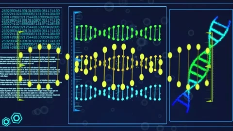 3-panel HUD showing code-driven yellow nodes flowing through strands lighting Stockbeeldmateriaal 335739452