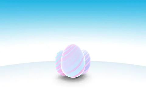 3 pastel striped easter eggs on a curved blue and white gradient background Stock Illustration