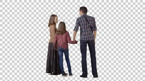 3 people: man, woman & girl stand side by side, wait, talk. Back view. Stock Footage