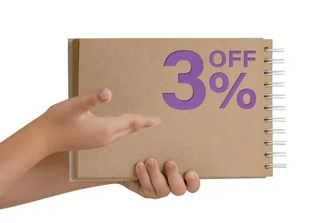 3 percent discount on isolate. Notepad from recycled paper in the hands of a Stock Photos