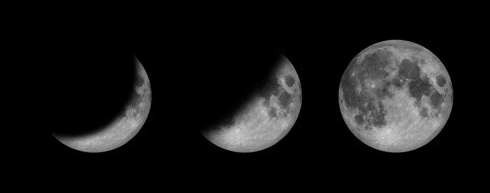 3 Phases of the moon, lunar isolate on black background. Close up of Full Moo Stock Illustration