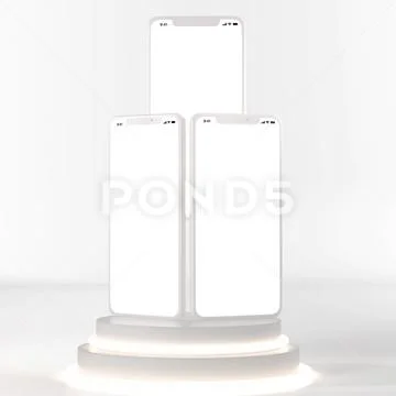 3 phones on the round pedestal  looking away with neon lamps PSD Template