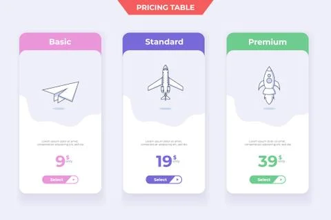 3 Plan Pricing Table Template Design Stock Illustration