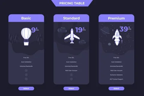 3 Plan Pricing Table Template Design, Dark Theme Illustration Stock Illustration