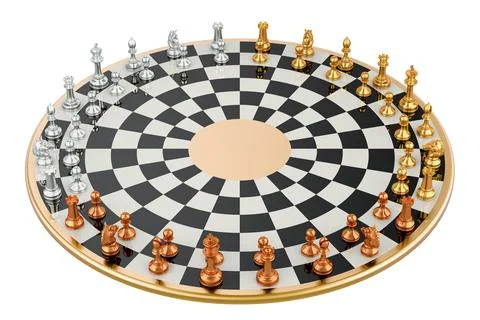 3 Player Chess Set with Round, Circular Board. 3D rendering Stock Illustration
