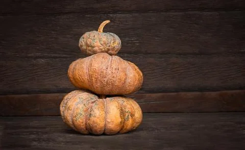 3 pumpkins stand on top of each other on a wooden background. Stock Photos