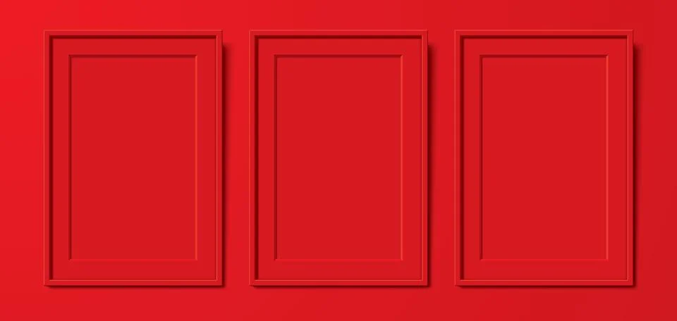 3 red blank poster frames hanging on the wall background, vector mockup. Stock Illustration
