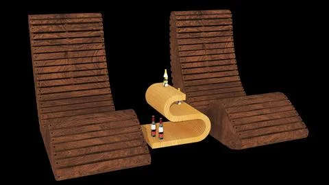 3 Render of Dark Wood Slatted Loungers and S-Shaped Table Ilustración de archivo