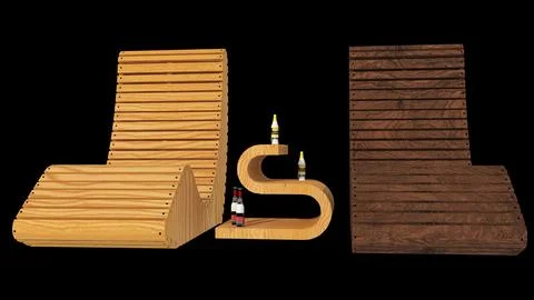 3 Render of Slatted Wood Lounge Chairs and S-Shaped Table Ilustración de archivo