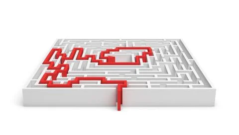 3 rendering of white square labirynth with a red line showing the true path to Stock Illustration