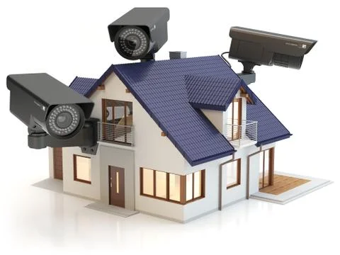 3 security cameras and house, 3D illustration Stockillustratie