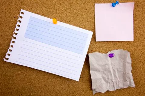 3 set colorful of sticky notes push pins on cork board Stock Photos