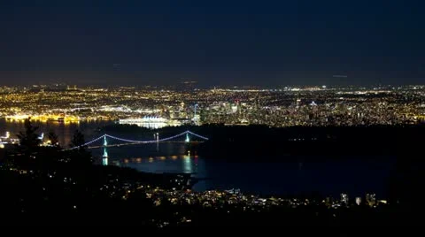 3 shots time lapse City of Vancouver with airplane traffic in the night sky Video stock 12496774