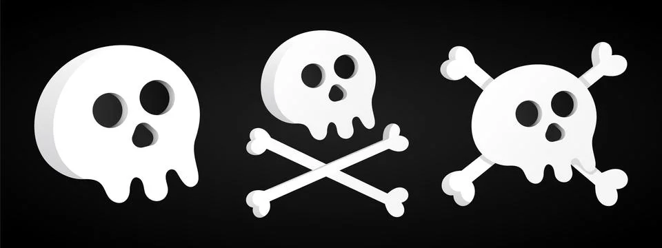 3 Simple flat style design sculls with crossed bones set Stock Illustration