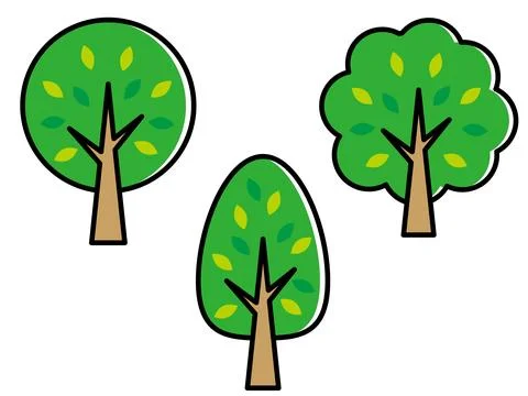 3 simple tree icons with outlines. Trees with rounded, cloud-shaped, and tr.. Stock-Illustration