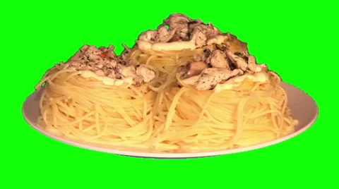 3 spaghetti nests with chicken pieces on plate Stock Footage 47558698