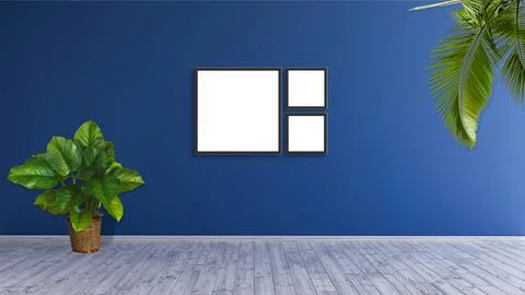 3 square format frame mockup on a blue wall with green leaf plants 3d render. 库存插图