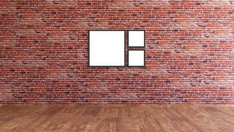 3 square format frame mockup 3d rendering on a red brick wall with wooden floor. 库存插图