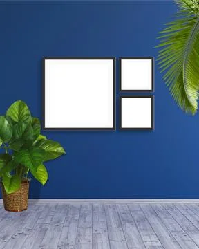 3 square format frame mockup on a blue wall with green leaf plants 3d rendering 库存插图