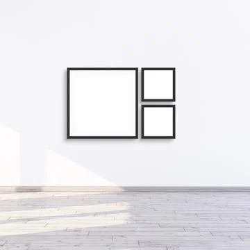 3 square frame mock up hanging on a white wall with sunlight, 3d render ill.. Stock Illustration