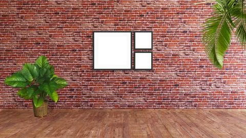 3 square frame mockup on a red brick wall with wooden floor, palm leaves and 库存插图