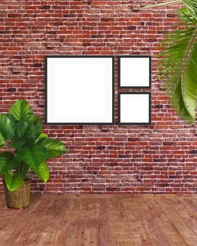3 square frame mockup on a red brick wall with wooden floor, palm leaves and 库存插图
