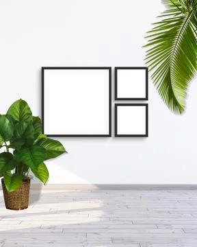 3 square frame mockup on a white wall with green leaf plants 3d rendering 库存插图