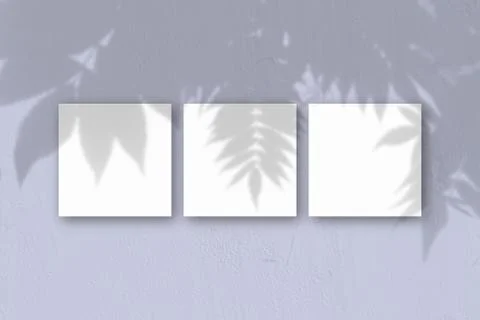 3 square sheets of white textured paper on the blue wall background. Mockup o Stock Illustration