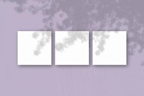 3 square sheets of white textured paper on the lilac wall background. Mockup  Stock Illustration