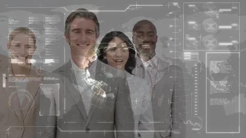 3 staff stepping, 2 entering and aligning, globe HUD highlighting faces, framing Stock Footage 330602035