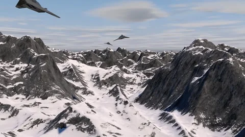 3 Stealth Fighter Jets Fly In Over Winter Mountain Range Stock Footage 52138319