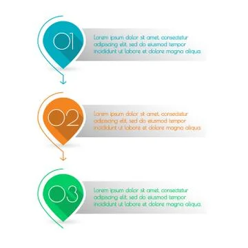 3 steps, levels or option with arrows. Map markers with numbers. Stock Illustration