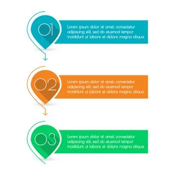 3 steps, levels or option with arrows. Pointers or map markers with numbers and  Illustrazione stock