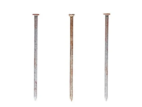3 straight old rusty nails of equal length isolated on white Stock Photos