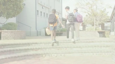 3 students walking up curved steps after first boy enters, animated path guiding Stock Footage 333803543