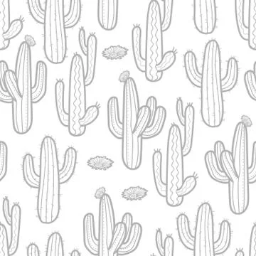 3 styles of cactus in light gray outline on white background. Seamless patter イラスト素材