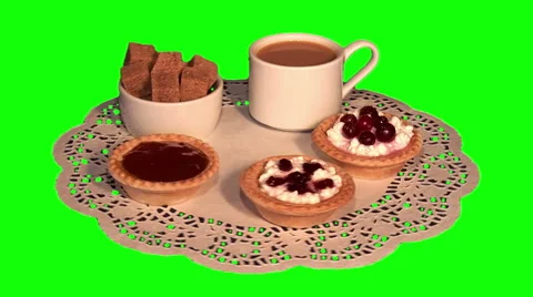 3 sweet tartlets, cube sugar, white coffee on paper napkin Stock Footage 48466630
