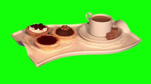 3 sweet tartlets, white coffee, cane sugar on tray Stock Footage 48620177