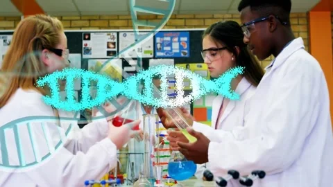3 teens handling flasks when comparing samples in lab, DNA helix forming over Stock Footage 333670696