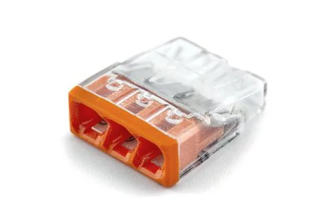 3-terminal self locking splicing connector for stranded and solid wires for e Stock Photos