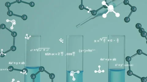 3 test tubes getting drops after pipette entry top-right, molecules drifting, Stock Footage 335761804