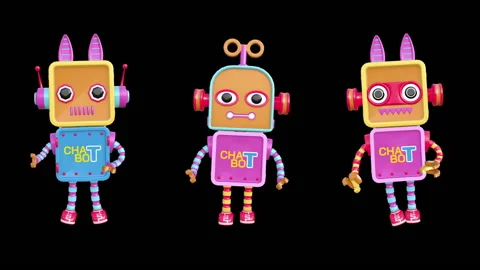 3 toy robots animation provide access information, digital chat bot concept. 스톡 동영상 237853192
