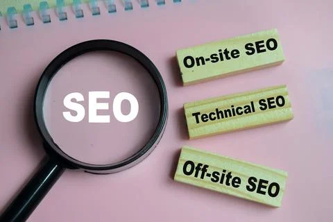 3 types of techniques SEO. On-site SEO, technical SEO, off-site SEO Stock Photos