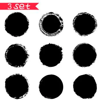 3 vector set of black ink grunge round stickers blots Stock Illustration