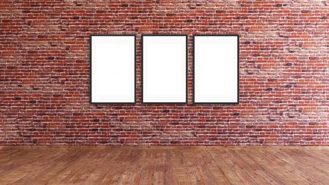3 vertical frame mockup 3d rendering on a red brick gallery wall with wooden 库存插图